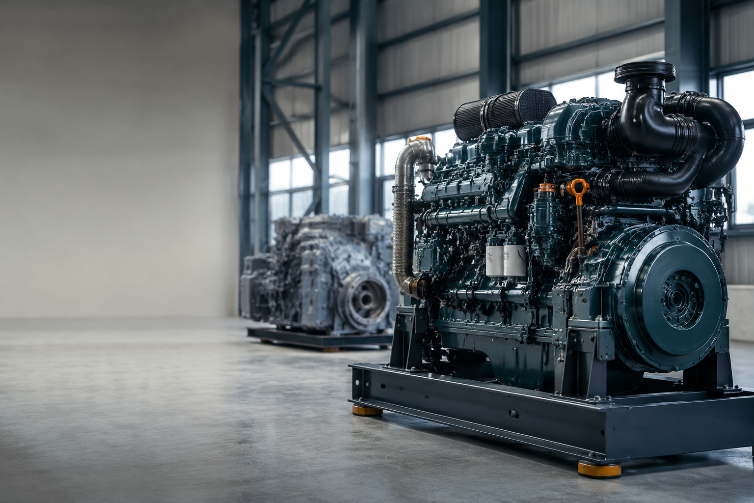 Heavy-duty diesel engine in an industrial workshop