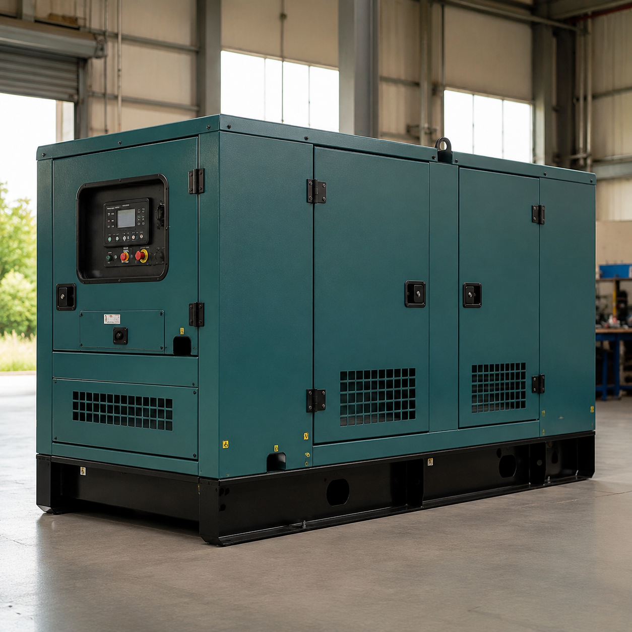 Enclosed industrial diesel generator set in a workshop