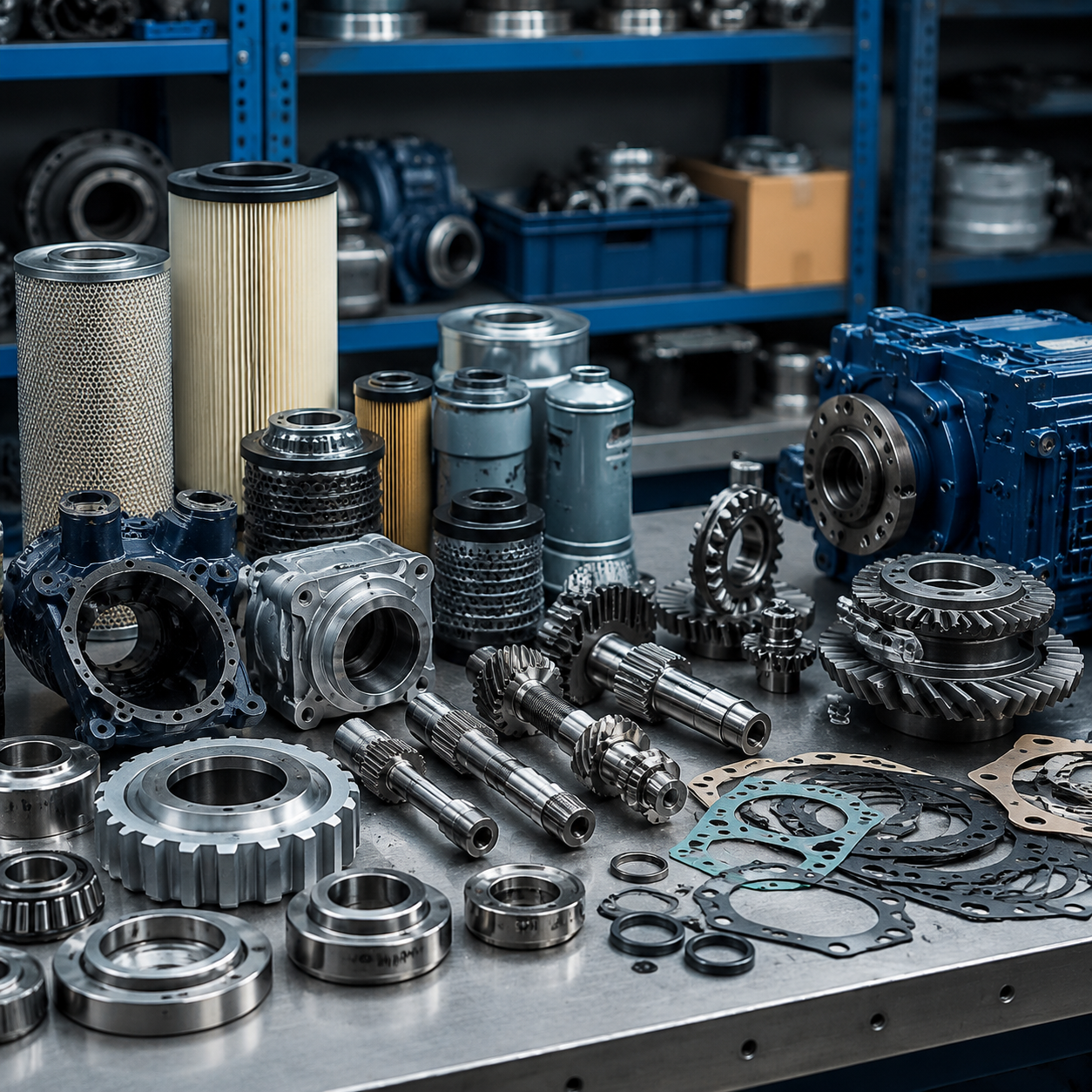Diesel engine and marine gearbox spare parts in a warehouse